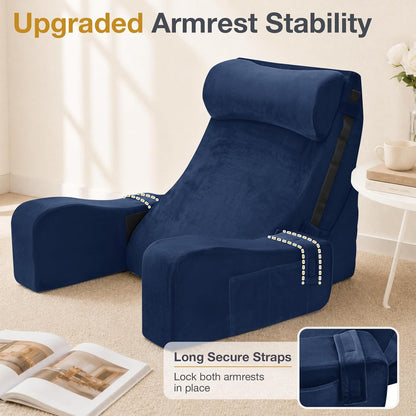 Sasttie 15-25 inch Adjustable Reading Pillow with Armrests, Dark Grey | Back Rest Pillow with Secure Side Straps, Memory Foam Back Support Cushion Bed Chair for Reading, Gaming & Relaxing