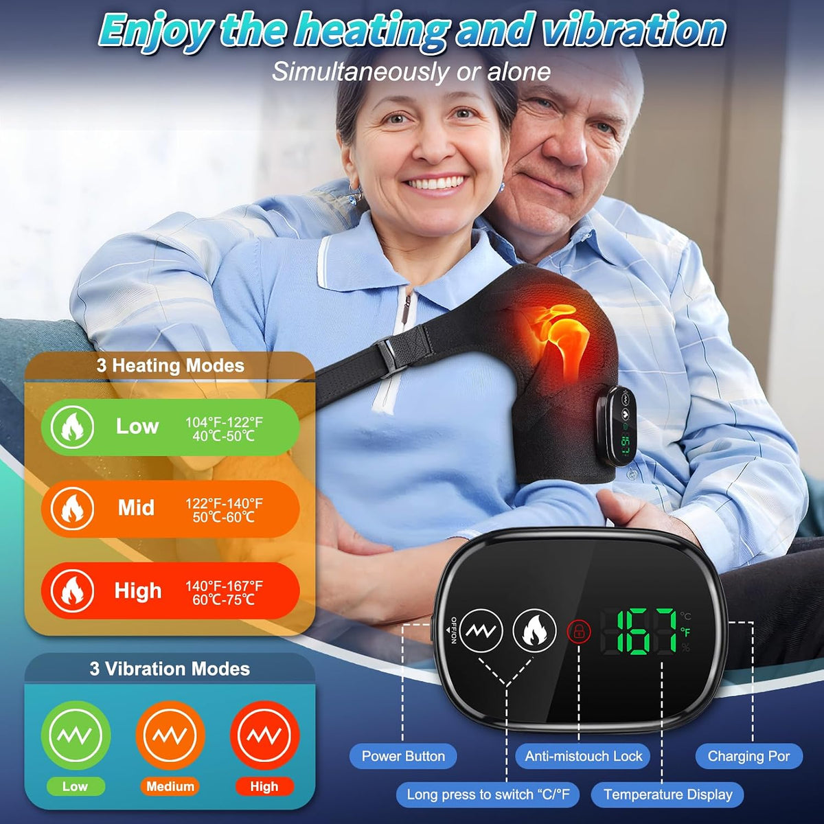 Cordless Shoulder Massager with Heat and Vibration, 3 Heat & 3 Vibration