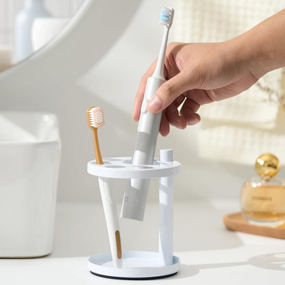 Metal Toothbrush Holder Stand for Bathroom: Stainless Steel Ventilated Organizer with Slots for Electric Toothbrushes, Toothpaste, Razors & Small Comb, Unique Footprint Base Design, Black