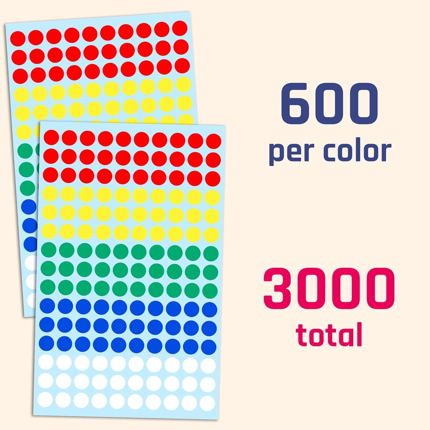 3000 Pieces, Small Colored Dot Round Stickers Labels - 10 Colors, 0.375"