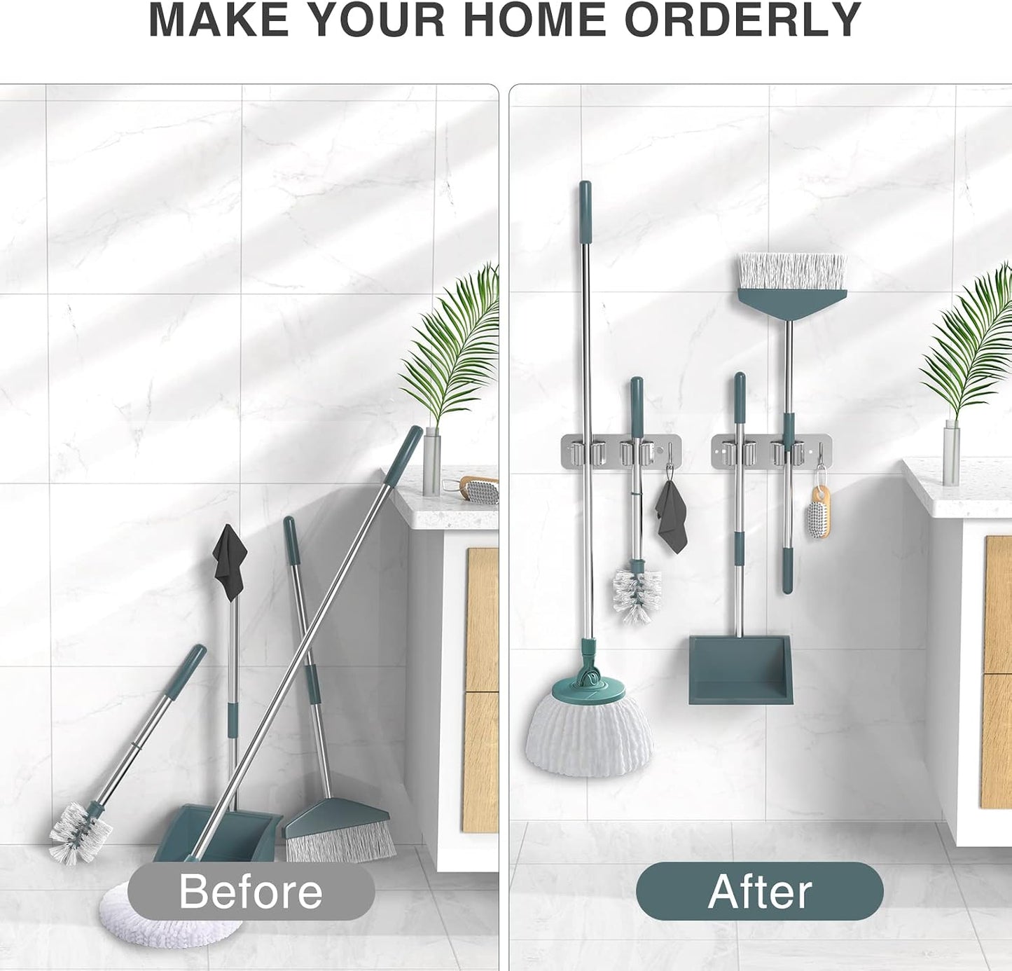 homeasy Wall Mount Mop and Broom Holder, Heavy Duty Stainless Steel Organizer Rack with Hooks | 2-Pack, 2-in-1 No Drill & Screw Installation, Silver