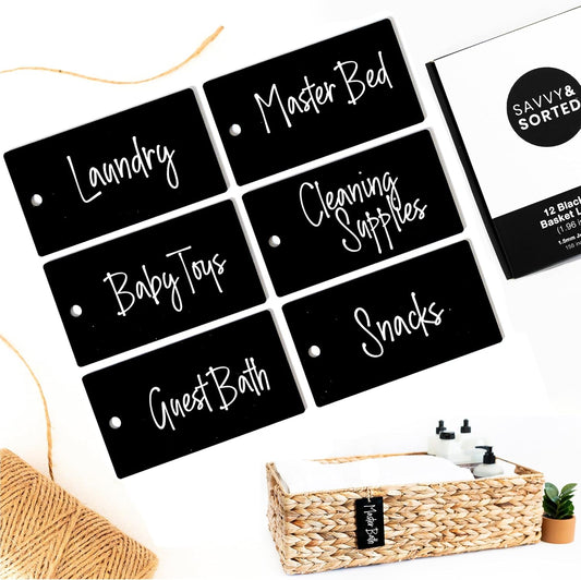 SAVVY & SORTED 12 Clear Basket Tags 3.5” x 2”, Acrylic Hanging Tags for Storage Bins with Jute String, Personalized Gift Tag for Clothes Kitchen Pantry Office Organization