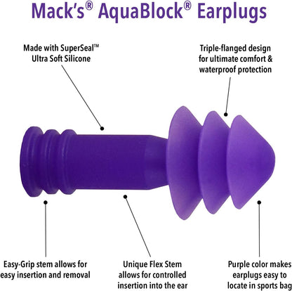 Mack's AquaBlock Swimming Earplugs, 3 Pair | Waterproof, Reusable Silicone Ear Plugs for Swimming | Swim Ear Plugs for Snorkeling, Showering, Surfing, Bathing (Clear)