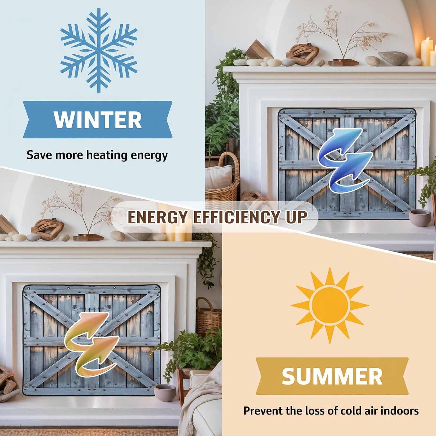 Magnetic Fireplace Cover Barn Gate Fireplace Screen Decorative Farmhouse Wood Grain Walls Door Insulation Fireplace Blocker Save Energy Fireplace Draft Stopper Covers for Living Room 36x30 Inch