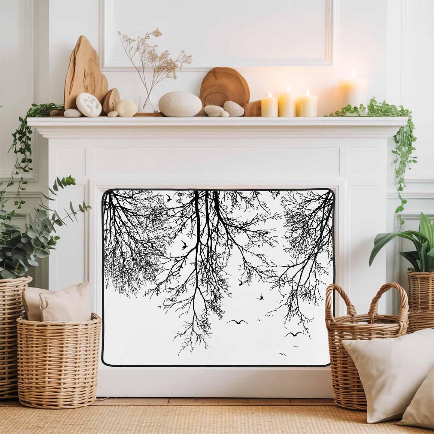 Magnetic Fireplace Cover Tree Branches Bird Fireplace Screen Decorative Brown Black Twigs Deadwood Insulation Fireplace Blocker Save Energy Fireplace Draft Stopper Covers for Living Room 45x34 Inch