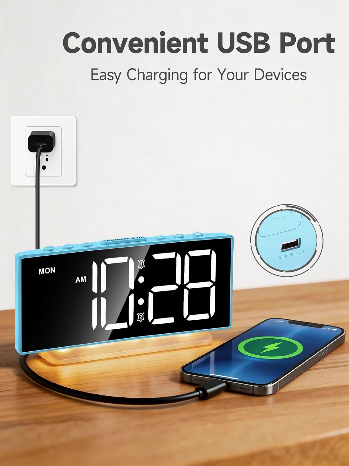 Cadmos Digital Alarm Clock - Extra Loud for Heavy Sleepers Adults Teens Kids, Rainbow Bedside Clock for Bedrooms, Large Display, 7 Color Night Light, Weekday & Weekend, 12/24h (Black+Dynamic)