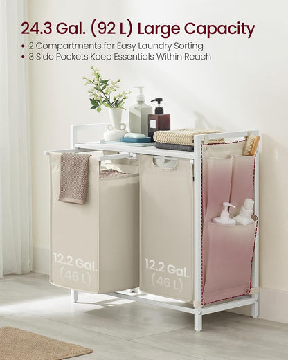VASAGLE Laundry Hamper, Laundry Basket Sorter with 3 Pull-Out and Removable Bags, Shelf, Metal Frame, 3 x 10.6 Gallons (40 L), 36.4 x 13 x 28.4 Inches, Cappuccino Beige and Natural Beige UBLH301LH01