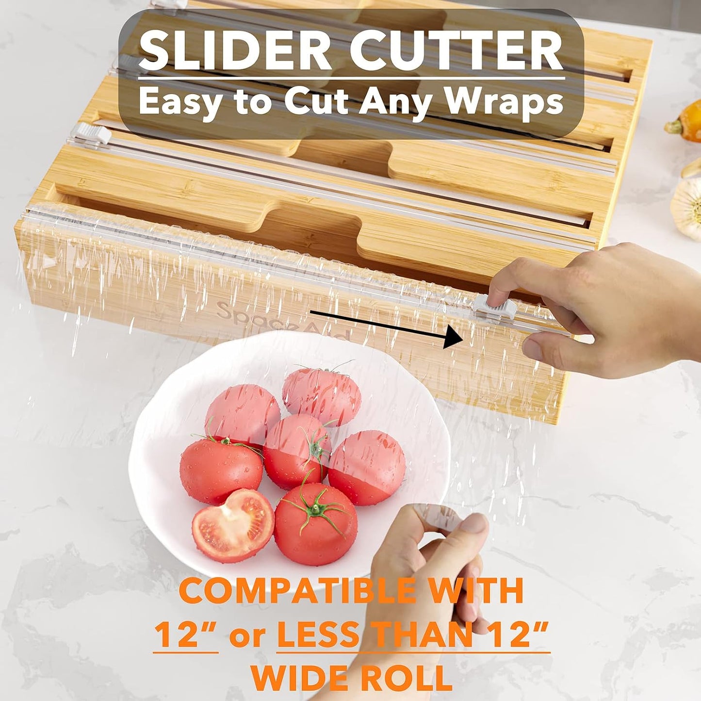 SpaceAid WrapNeat 2 in 1 Wrap Organizer with Cutter and Labels, Plastic Wrap, Aluminum Foil and Wax Bamboo Dispenser for Kitchen Storage Organization Holder for 12" Roll (Natural, 2-Slot)