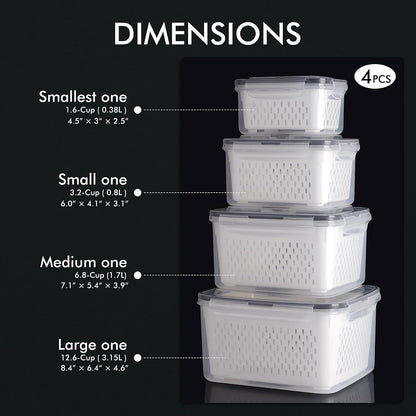 HOTEC 5-Pack Large Fruit Storage Container for Fridge Leak proof with Removable Colander, BPA Free Dishwasher & microwave safe Largest 4.15L
