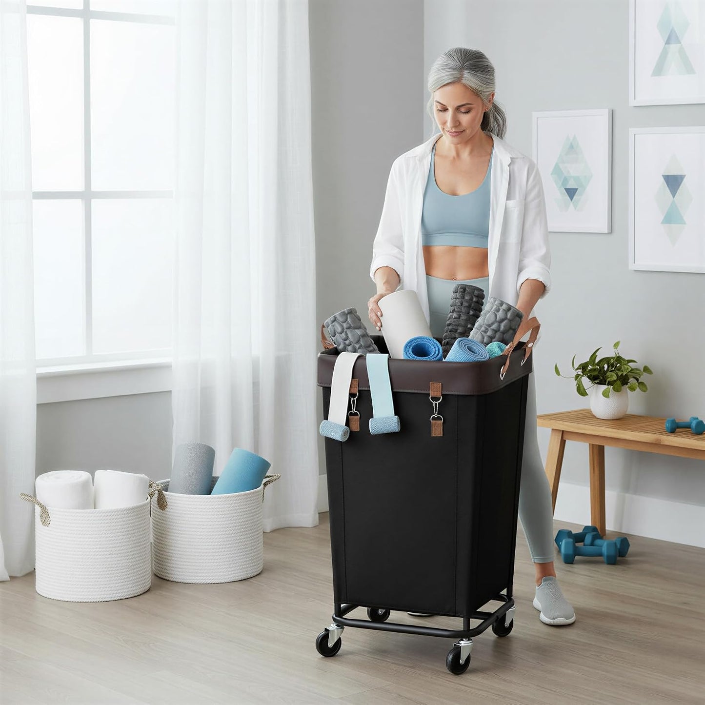 StorageWorks 160L Laundry Basket with Wheels, Rolling Hampers for Clothing | Beige Laundry Basket with Wheels, Metal Frame & Handles, Rolling Hamper for Bedroom, Bathroom, Dorm, Hotel
