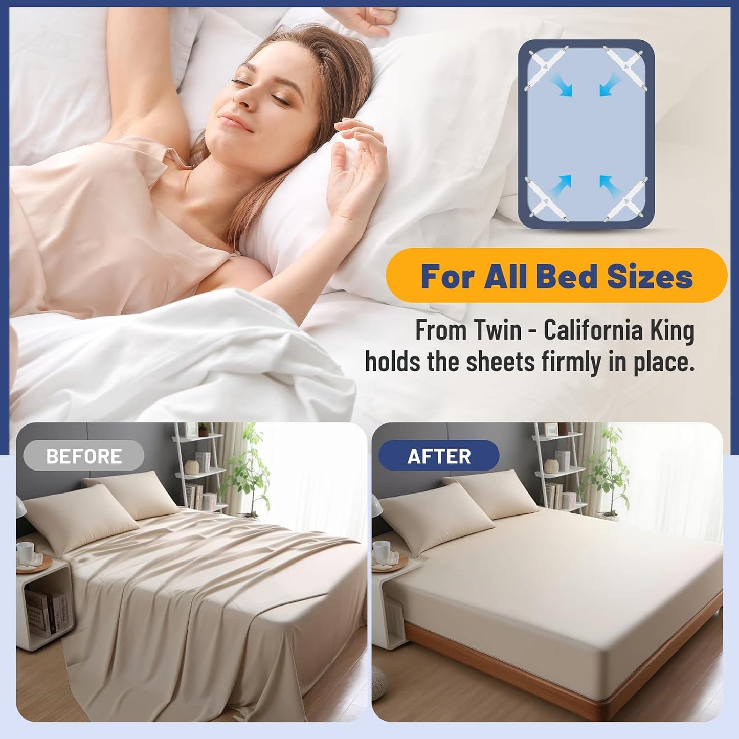 Adjustable Bed Sheet Straps, Elastic Fasteners with Metal Clips, Fitted Sheet Corner Holder Straps that Stay in Place, Firm Tight Mattress Suspenders (Triangle White 4Pcs)
