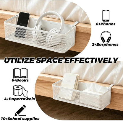 STARVAST 1 Pc Bedside Caddy Shelf, White Bed Shelf for Bunk Bed, Carbon Steel Dorm Room Essentials Organizer with 2 Hooks for Phone, Books, Snacks, Headphones and Rails