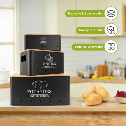 Kitchen Vegetable Storage Set of 3, Metal Onion Garlic Potato Storage Set, Kitchen Canisters Vegetable Keeper Containers with Aerating Holes and Bamboo Lid,Black