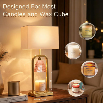 PoKat Gold Table Lamp Candle Warmer, Candle Warmer Lamp with Timer Dimmer, Wax Light Warming Table Lamp for Jar Candles, Modern Bedside Lamp for House Warming Home Decor Living Room, Bulb Included