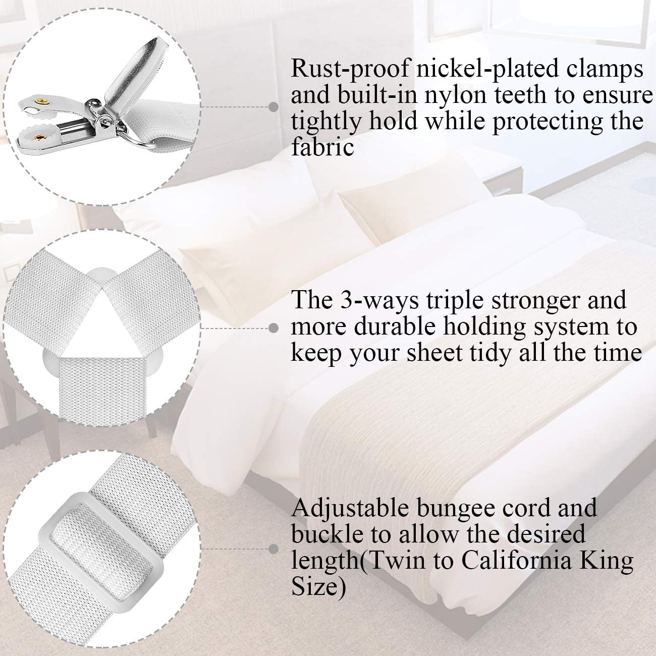 ZHOUBIN Sheet Suspenders Clips, Bed Sheet Straps Mattress Sheet Holders for Twin, Full, Queen, King - Keep Sheets in Place Corner Sheet Grippers Fasteners Sheet Stays