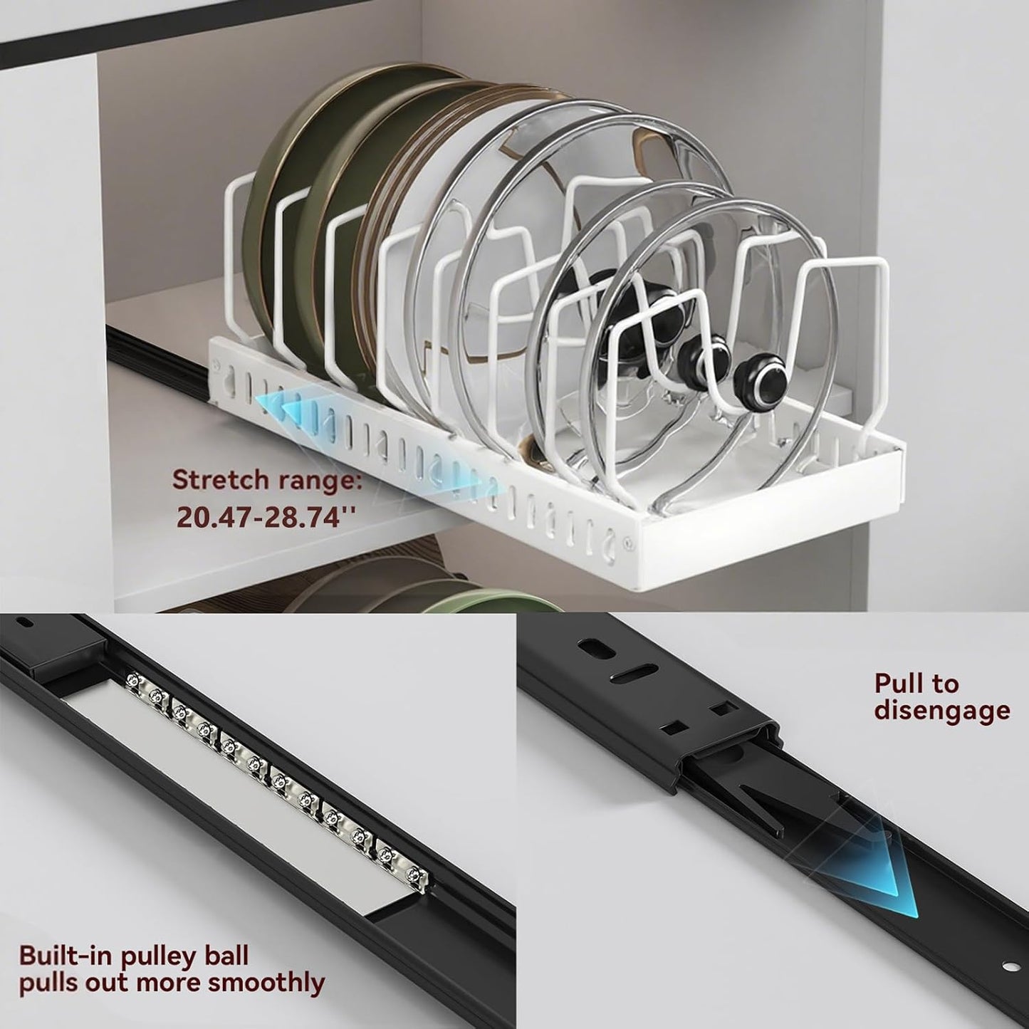 Black 2 Pack Pot Lid Organizer, Pull Out Cabinet Rack, 16 Dividers | 2-pack black carbon steel rack, 16 adjustable dividers, quiet slide rails, adhesive or screw mount for lids, pans, bakeware