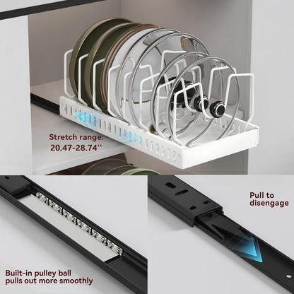 Black 2 Pack Pot Lid Organizer, Pull Out Cabinet Rack, 16 Dividers | 2-pack black carbon steel rack, 16 adjustable dividers, quiet slide rails, adhesive or screw mount for lids, pans, bakeware