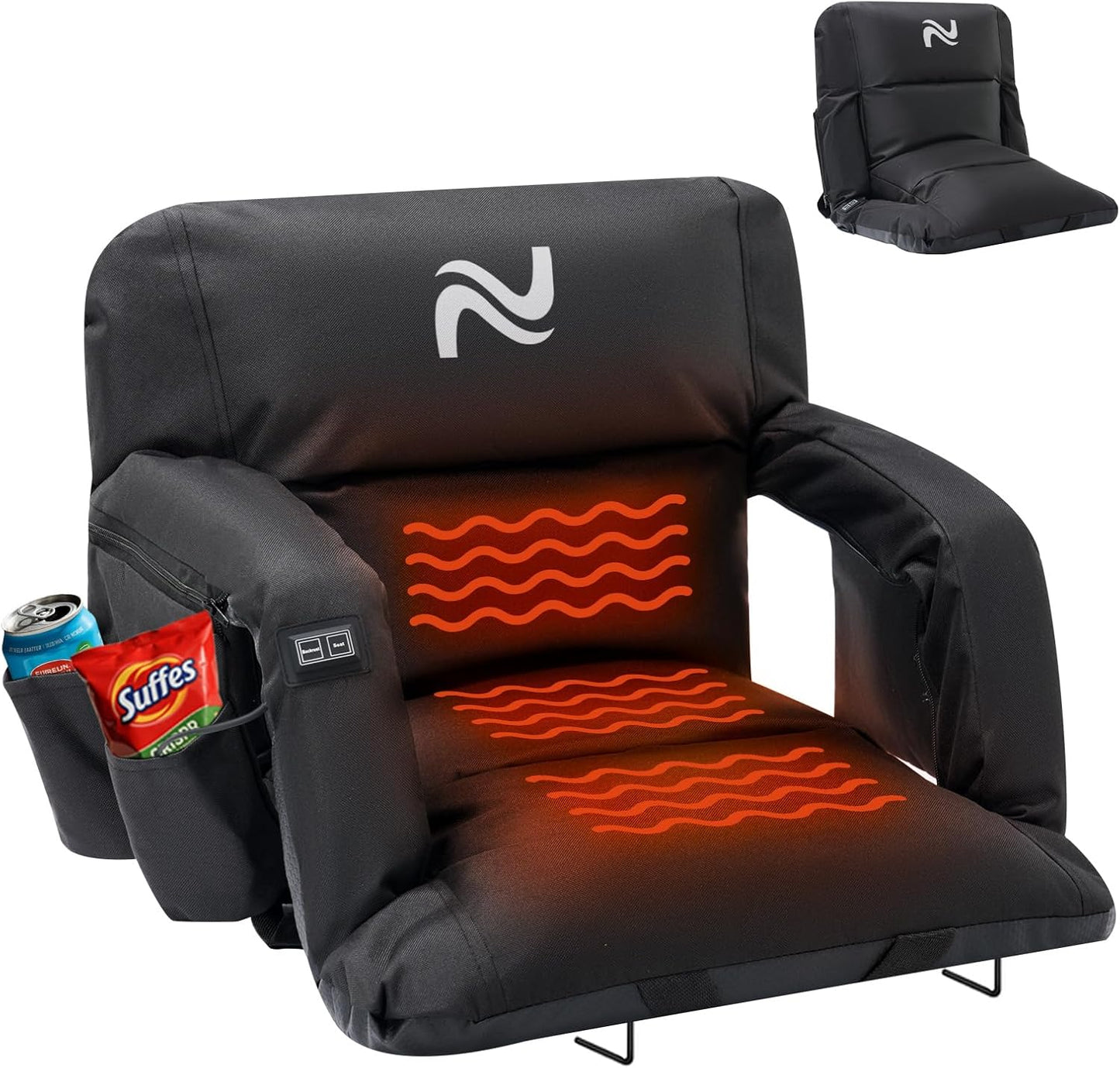 Wide Heated Stadium Seat for Bleachers w/Back Support & Cushion | 5-Position Adjustable Heated Stadium Seat with Armrests, 3 Heat Levels, Anti-Slip, Side Pockets, Backpack Straps (No Battery)