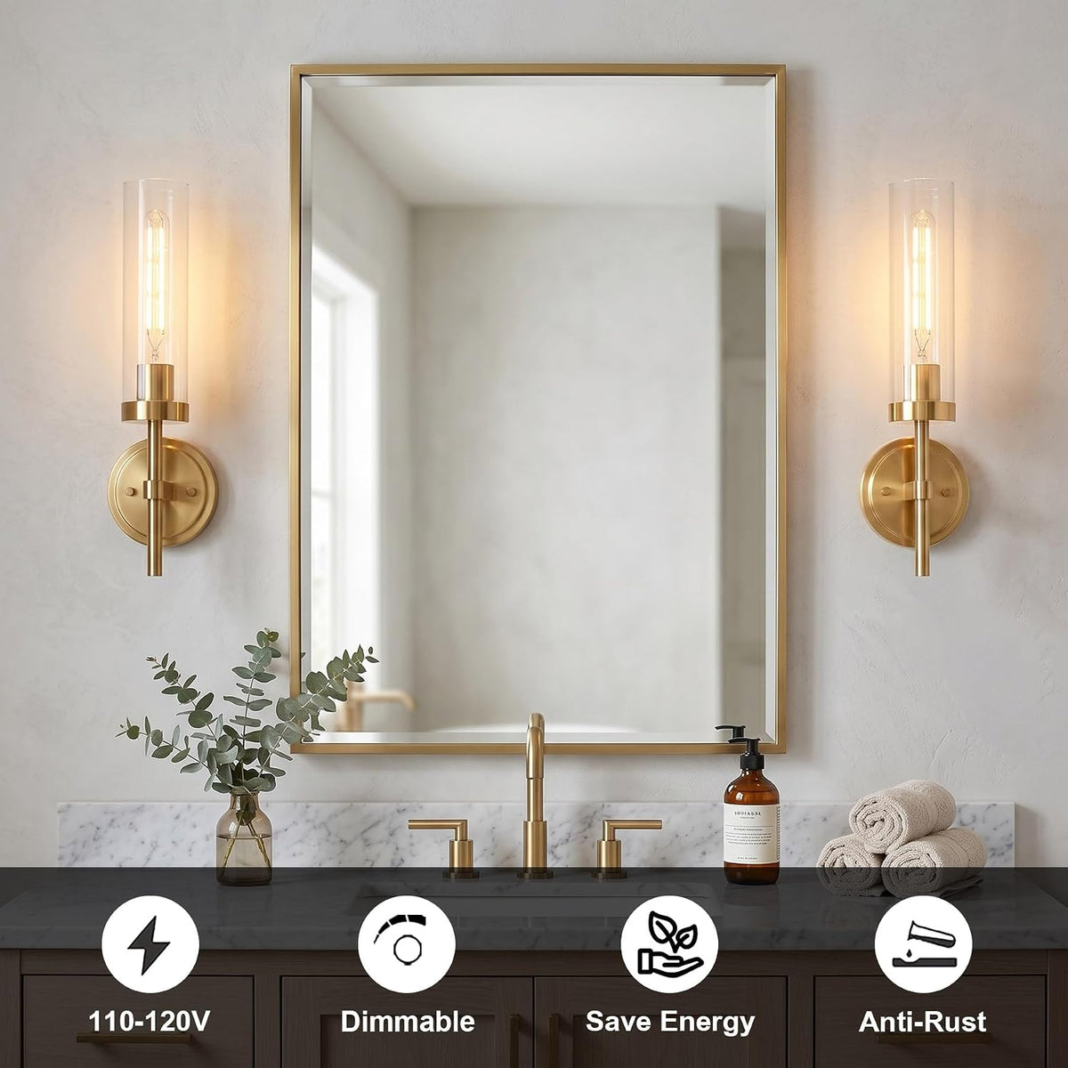 Wireless Wall Sconces with Remote Control, Battery Operated Wall Sconce Set of 2, Black & Gold Rechargeable Dimmable Wall Light for Bedroom Living room Bathroom Hallway Entryway Stairwell, 3000K