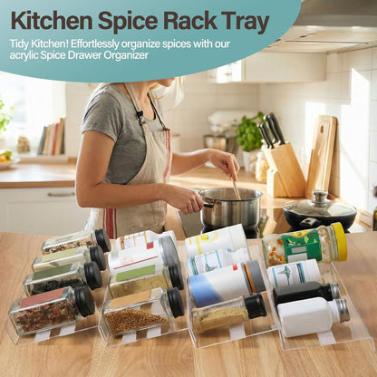 8 Pack Spice Drawer Organizer with 18 Anti-Slip Mats, 13" to 26" Expandable Acrylic Seasoning Organizer Rack Tray Kitchen Spice Rack Drawer Holds up to 56 Jars (Jars Not Included)
