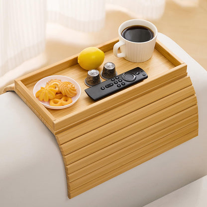 Bamboo Couch Arm Tray Table，Foldable Sofa Armrest Tray Table for Couch，Flexible and Anti-Slip Couch Arm Cup Holder，Portable Sofa Arm Chair Table for Drink,Cups, Eats，Snacks, Phone, Remote