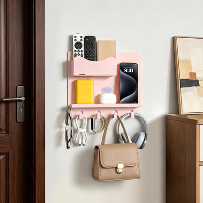Bedside Shelf Wall Mount, Adhesive Bedside Shelf Accessories Organizer with Hooks and Cable Clips,Dorm Bedside Wall Storage for Phone, Remote, Earphone,Plastic (White)