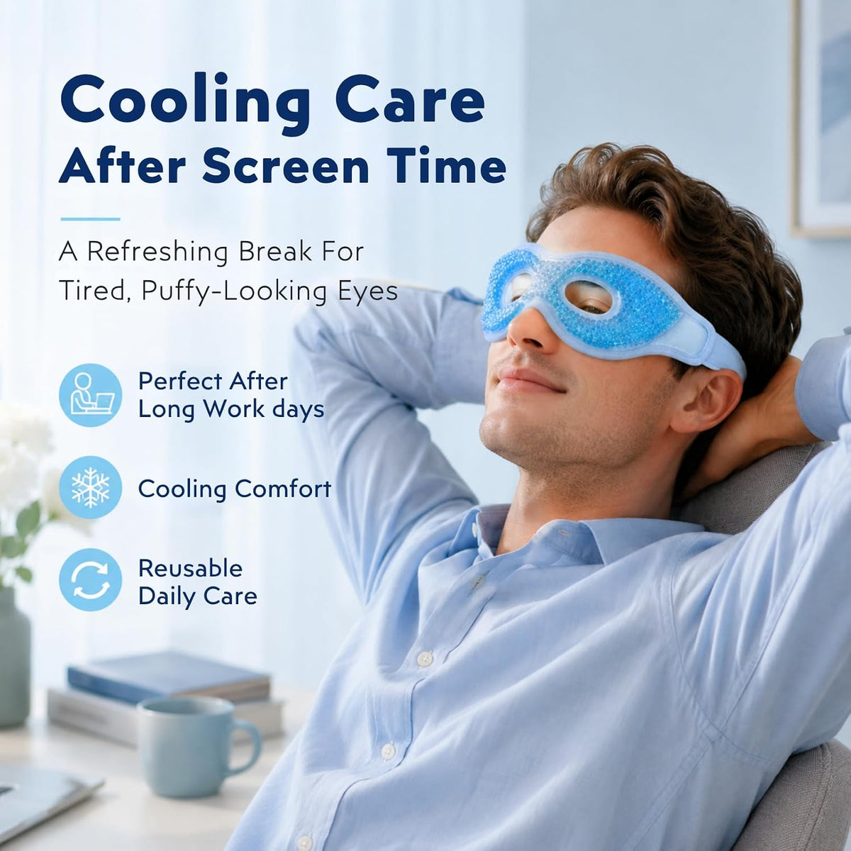 Gel Eye Mask, Reusable Hot & Cold Cooling Eye Mask, Cold Compress for Puffy Eyes, Eye Cooling Gel Beads Sleeping Mask, Adjustable Plush Strap — Stays Cool 30 Mins - 2 Pack