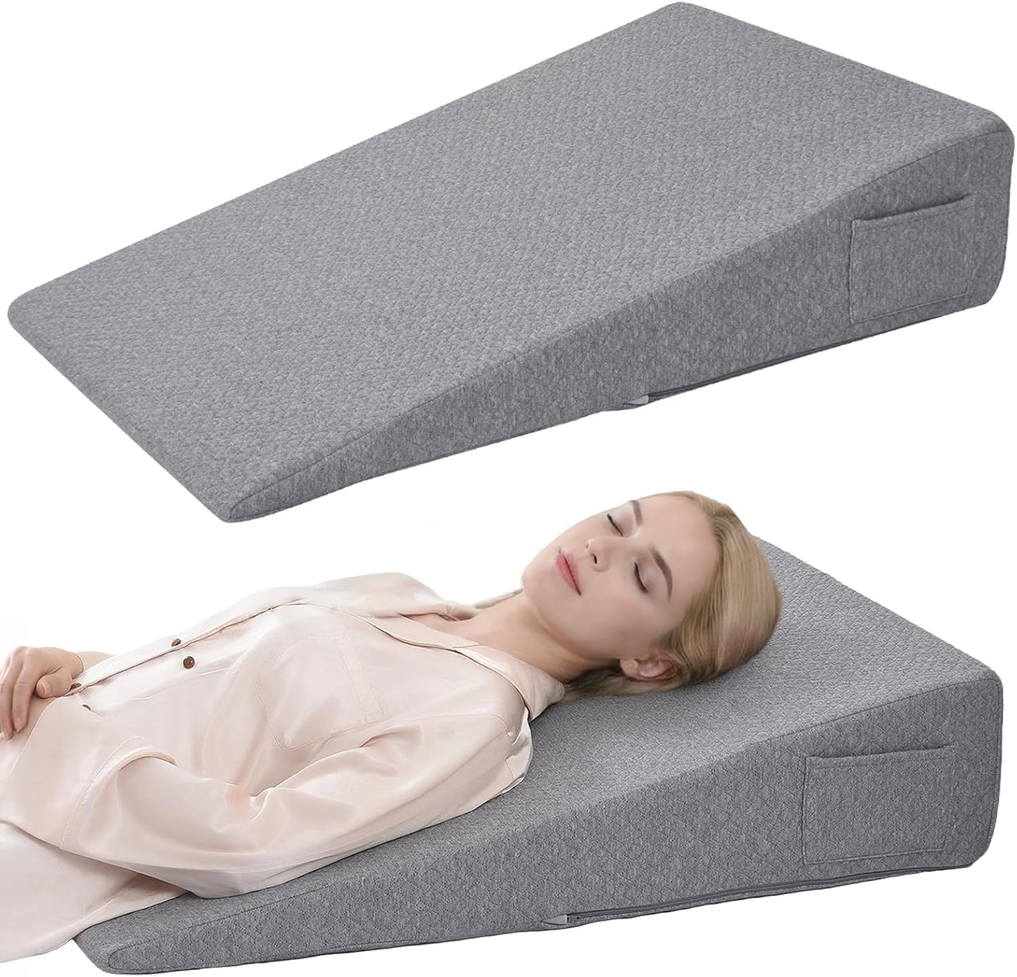 Vekkia 34" Extra-Long Wedge Pillow,7.5" Bed Wedge Pillow for Sleeping,White | Pillow Wedge Back Support for After Surgery, Idea for Acid Reflux,Snoring Relief,Removable Washable Cover&Double Side Pockets