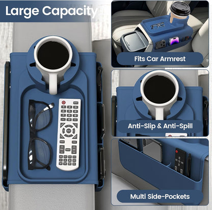 Couch Cup Holder Tray, Silicone Sofa Armrest organizer with Side Pockets for Storage Remotes, Cell-phone,Tablet or Snack, Anti-Spill and Anti-Slip Sofa Arm Tray for Recliner, Armchair Caddy (Blue)