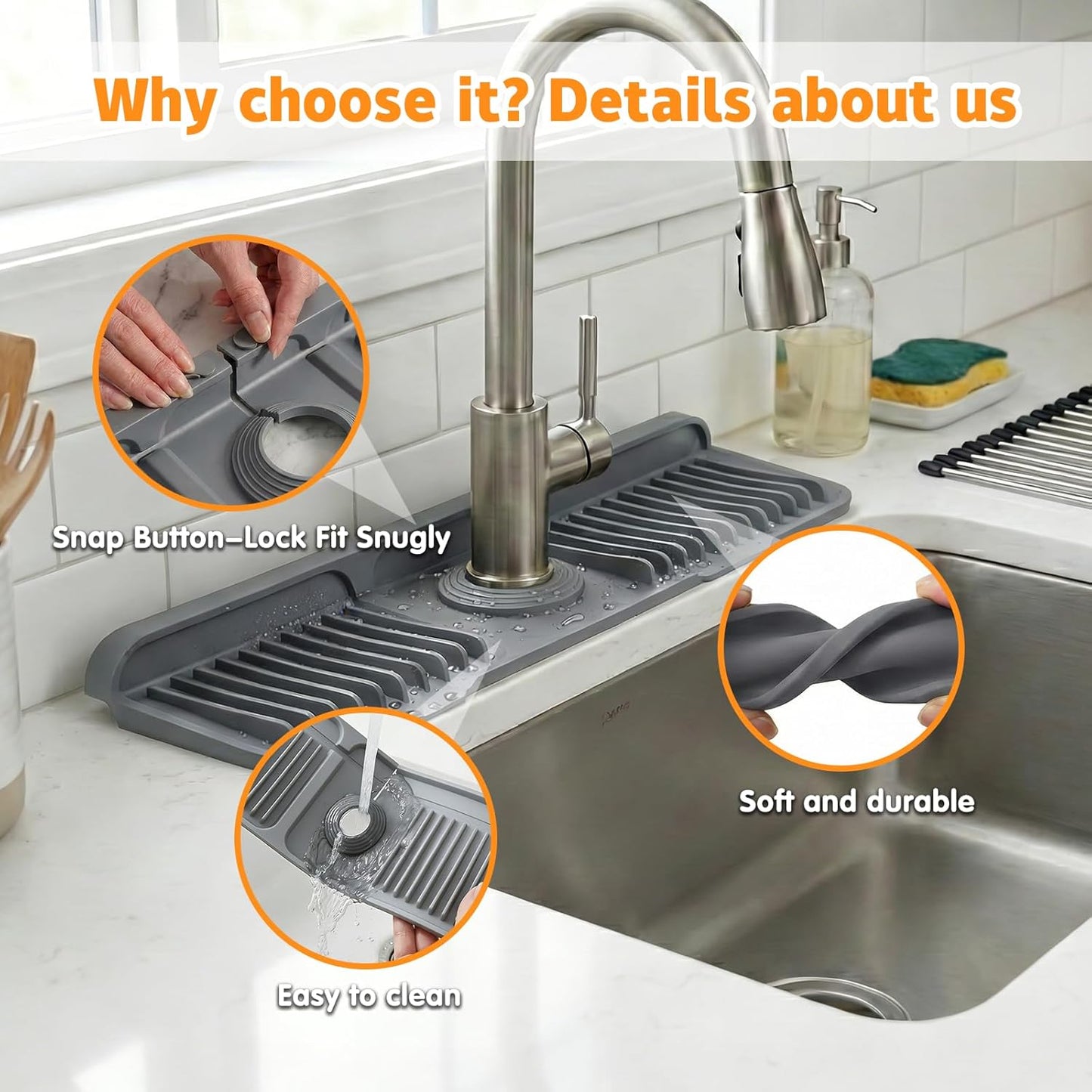 Silicone Faucet Mat for Kitchen Sink, 24" Splash Guard 7° Slope Fast Drain | Adjustable hole cutout for easy install, fits kitchen & bathroom sinks; food-grade silicone, easy to clean, keeps counter dry