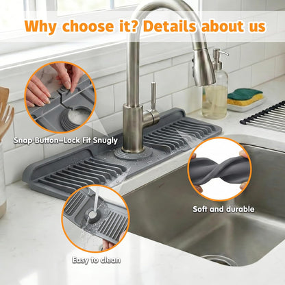 Silicone Faucet Mat for Kitchen Sink, 24" Splash Guard 7° Slope Fast Drain | Adjustable hole cutout for easy install, fits kitchen & bathroom sinks; food-grade silicone, easy to clean, keeps counter dry