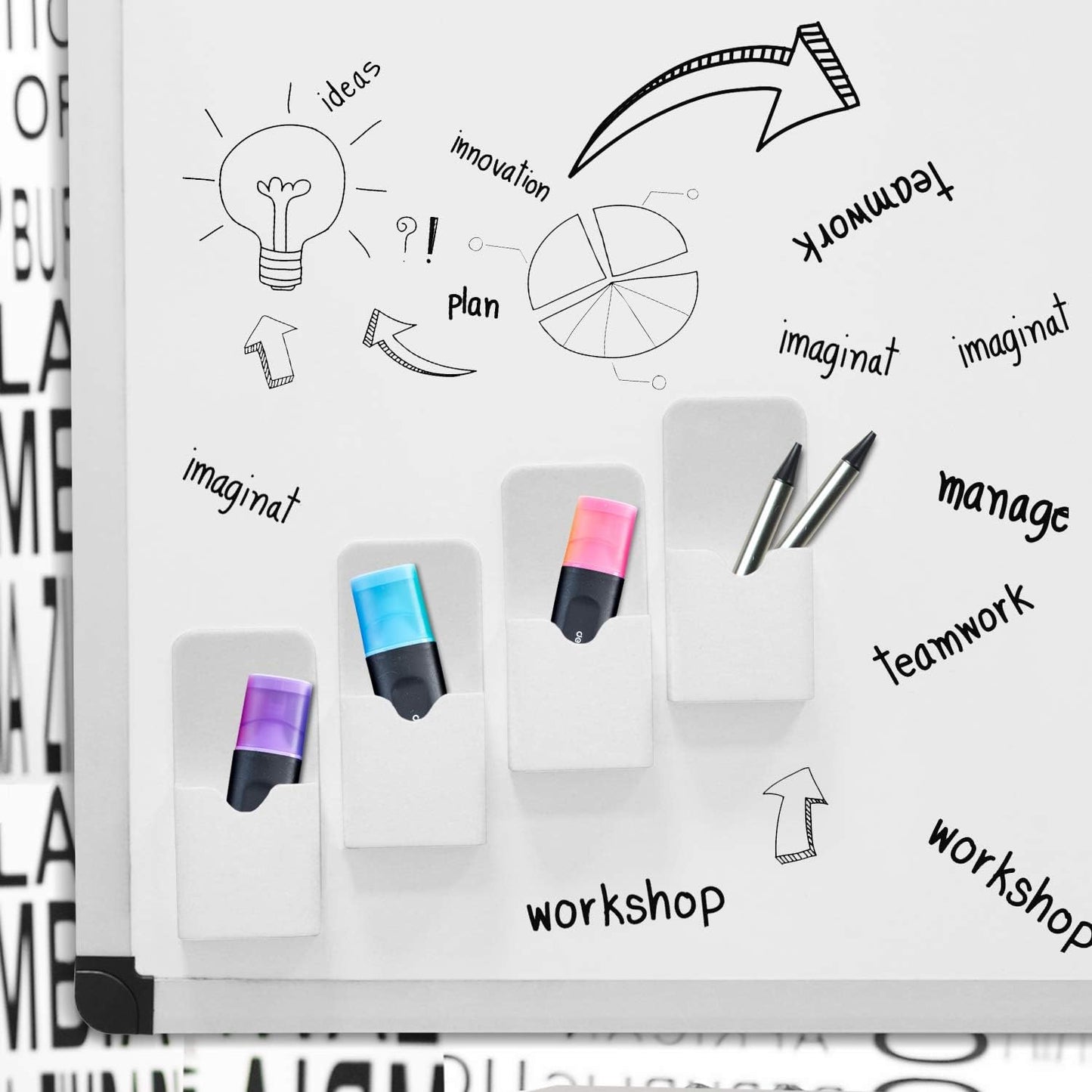 MoKo Magnetic Pen Holder, Pencil Accessories Whiteboard Organizer, White | Magnetic dry erase marker holder has two compartments and an ABS body for whiteboards, refrigerators and lockers.