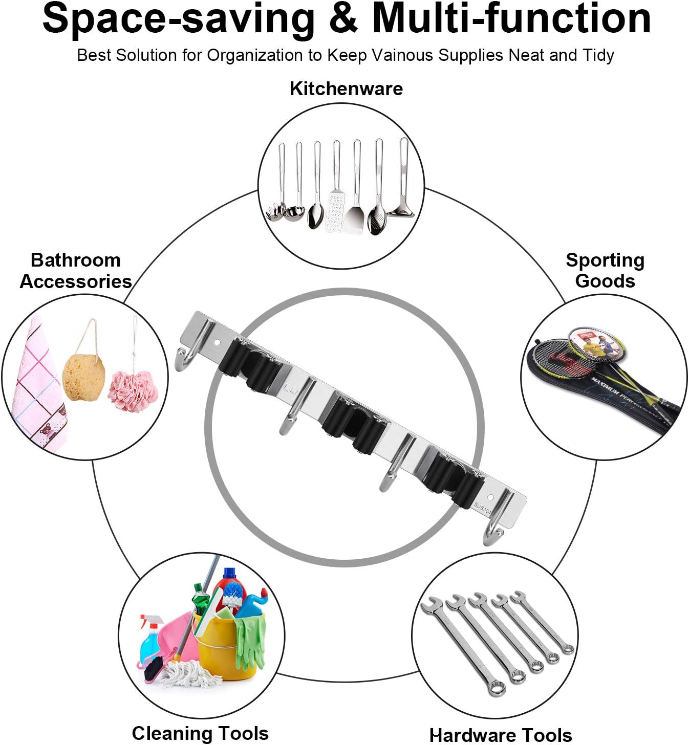 Broom Hanger Wall Mounted, 2PCS Mop and Broom Holder Wall Mount Garage Organization and Storage Stainless Steel Kitchen Tool Organizer Wall Hanger for Laundry Room Garden Garage Closet Kitchen | Stainless Steel Organizer for Garage, Kitchen, Closet &
