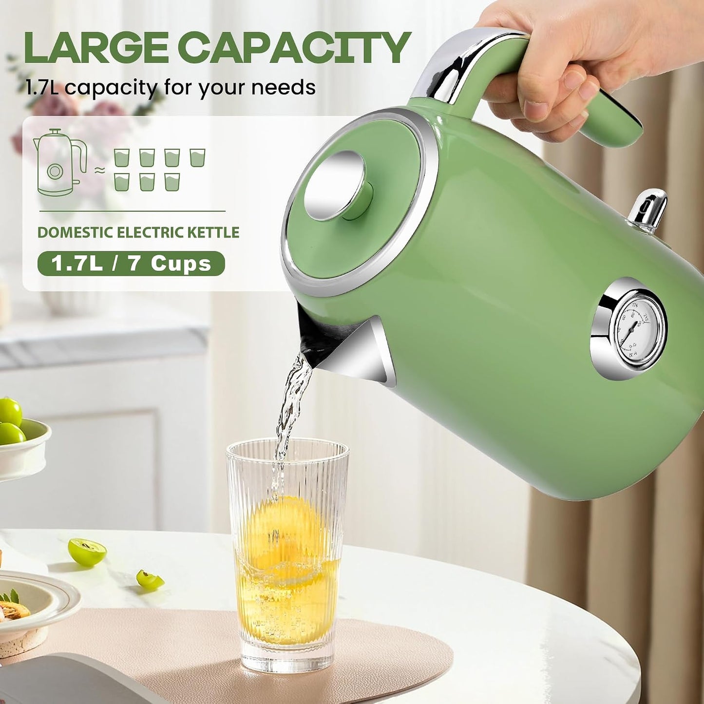 PUKOMC Electric Kettle,1.7L Stainless Steel Electric tea kettle | Temperature Gauge, Fast Boiling, Auto Shut - off, BPA - Free, Boil - Dry Protection 1500W,LED Light,Easy clean