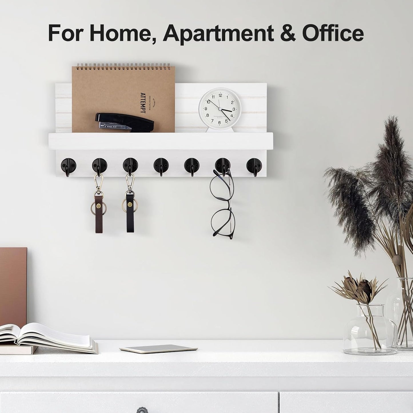 Lwenki Key Holder Wall Mount, Entryway Key and Mail Holder with 7 Sturdy Hooks for Sunglasses, Dog Leash, Decorative Wall Shelf with Mounting Hardware, 15”W x 6.7”H x 4.2”D