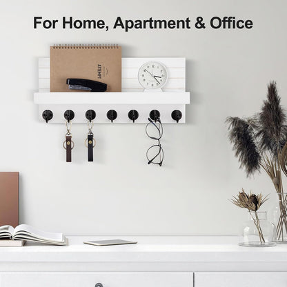 Lwenki Key Holder Wall Mount, Entryway Key and Mail Holder with 7 Sturdy Hooks for Sunglasses, Dog Leash, Decorative Wall Shelf with Mounting Hardware, 15”W x 6.7”H x 4.2”D