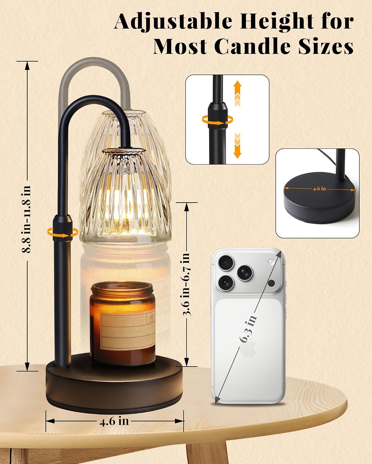 Candle Warmer Lamp with Timer Dimmer Adjustable Height, Mothers Day Gifts for Mom, Birthday Gifts for Women, House Warming New Home Decor, Electric Wax Warmer for Jar Candles, Gold