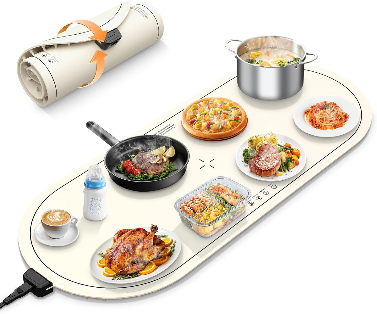 seenlast Warming Mat for Food with Adjustable Temperature Timer,10S Fast Heating Silicone Food Warmers for Parties Buffet and Home Daily,Food Warming Mat with Insulating Pad Raised Feet Protects Table