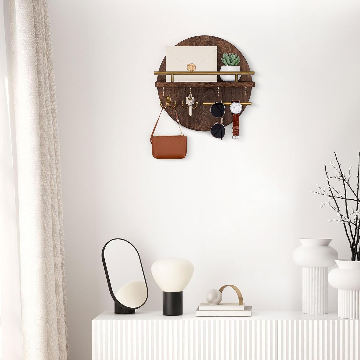 Nekon Key Holder Wall Mount, 11.8” Wood Mail Organizer for Wall, Brown | Round Wall Shelf with 6 Key Hooks, Rustic Key and Mail Holder, Key Hanger for Entryway Hallway Kitchen