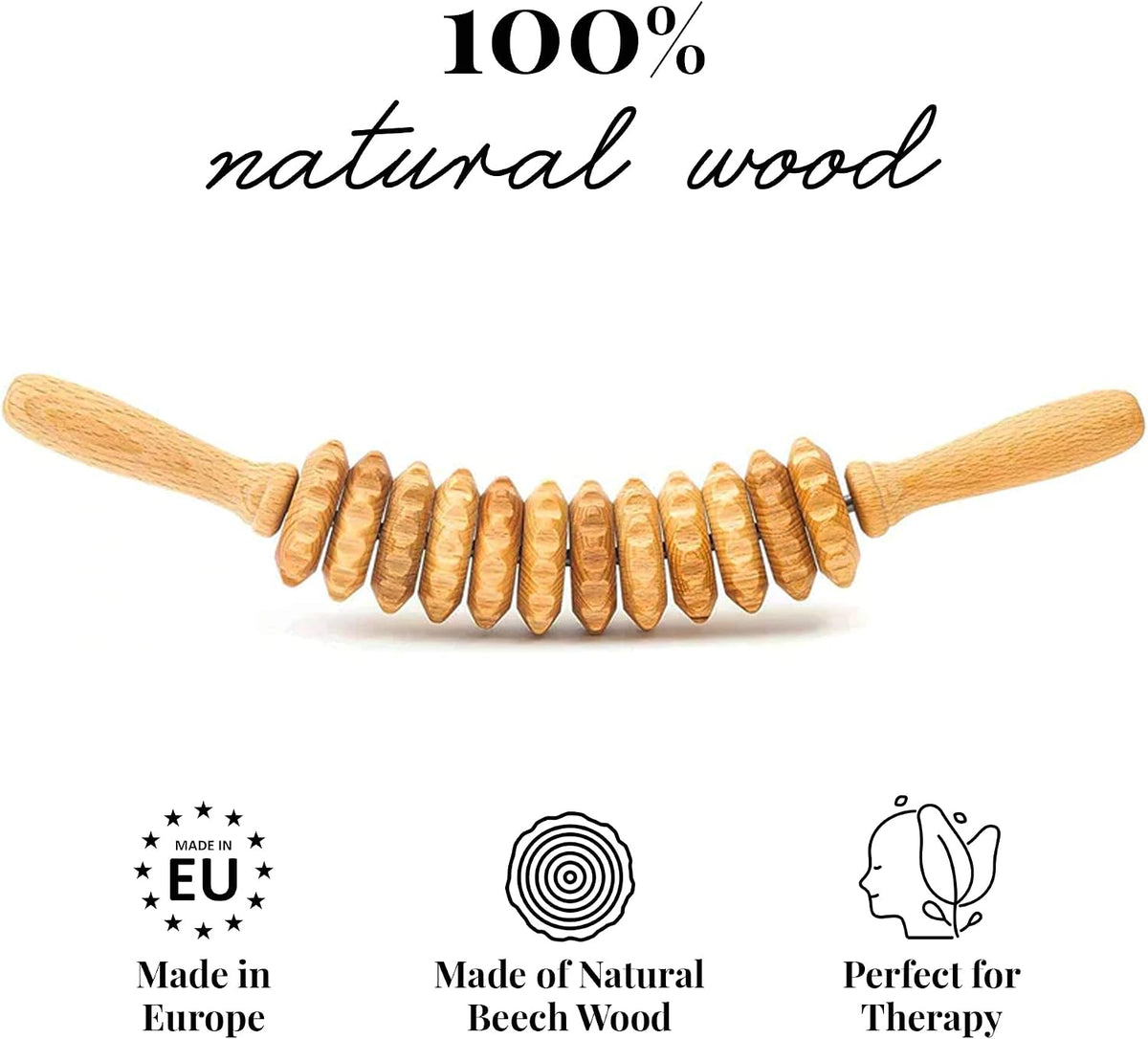 tuuli Wooden Massage Roller for Waist and Thigh, Multi-Functional Body Roller for Cellulite Reduction and Muscle Tension, Natural Massager for Women and Men (Curved)