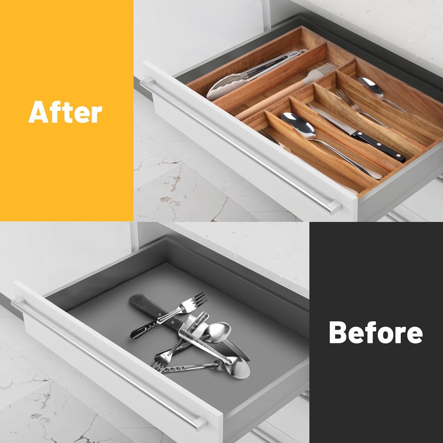 Expandable Bamboo Kitchen Drawer Organizer for Cutlery and Utensils, Adjustable Bamboo Wood Cutlery Tray in Drawer for Flatware and Silverware in Kitchen, (Natural)