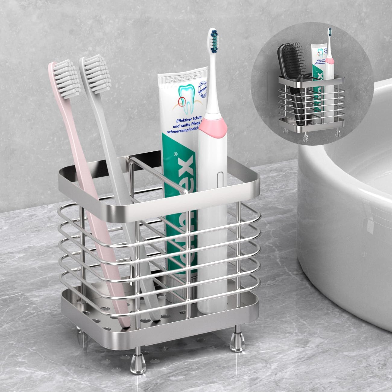 Luxspire Toothbrush Holders for Bathroom, Stainless Steel, 6 Slots, Black | Toothbrush Holders With Drainage, For Bathroom Countertop & Kitchen Sink, Bathroom Accessories