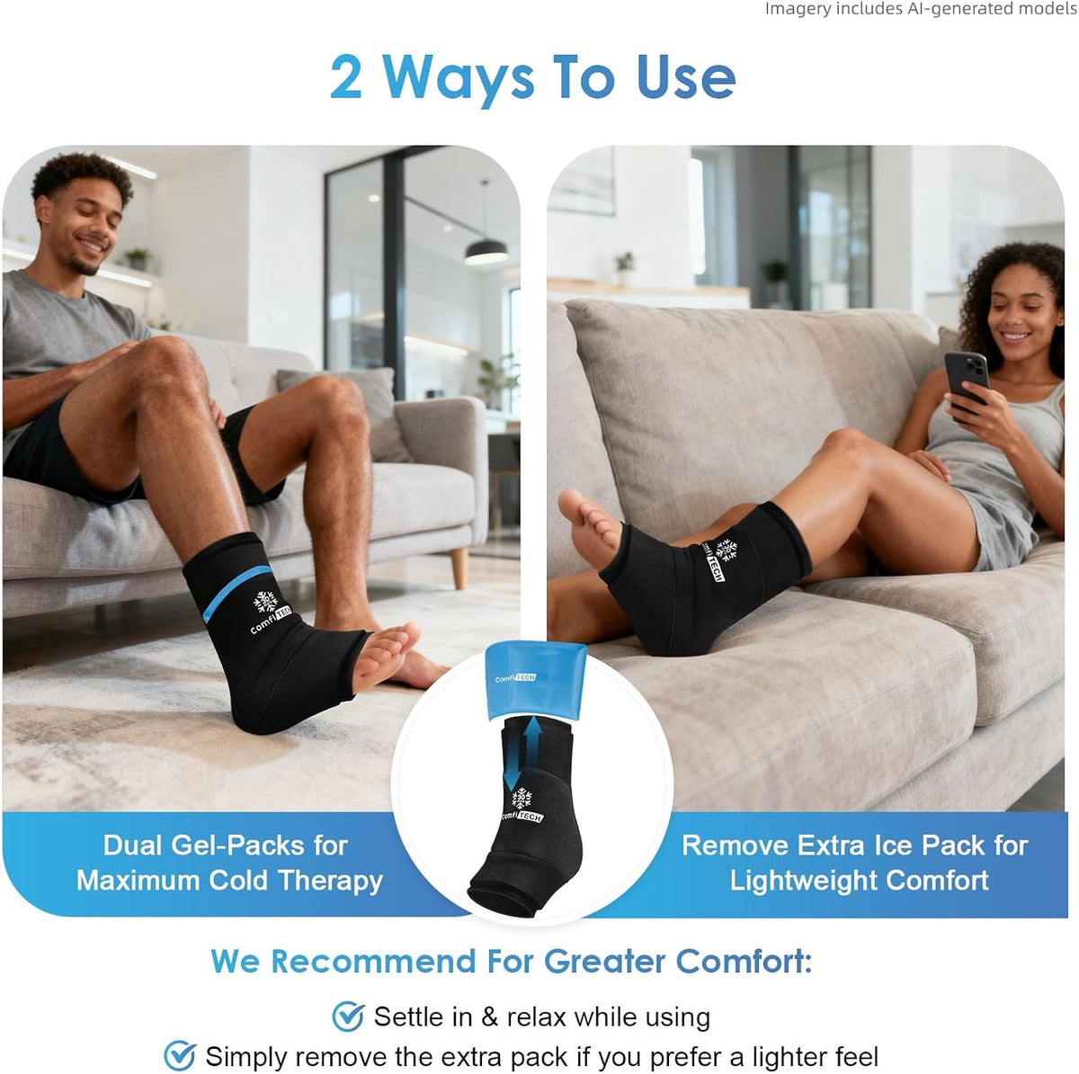 ComfiTECH Dual-Gel Ankle Foot Ice Pack Wrap with 30-Min Cooling, Small