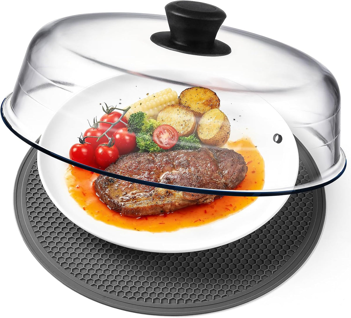 2 in 1, Glass Microwave Splatter Cover for Food & Microwave Place Mat