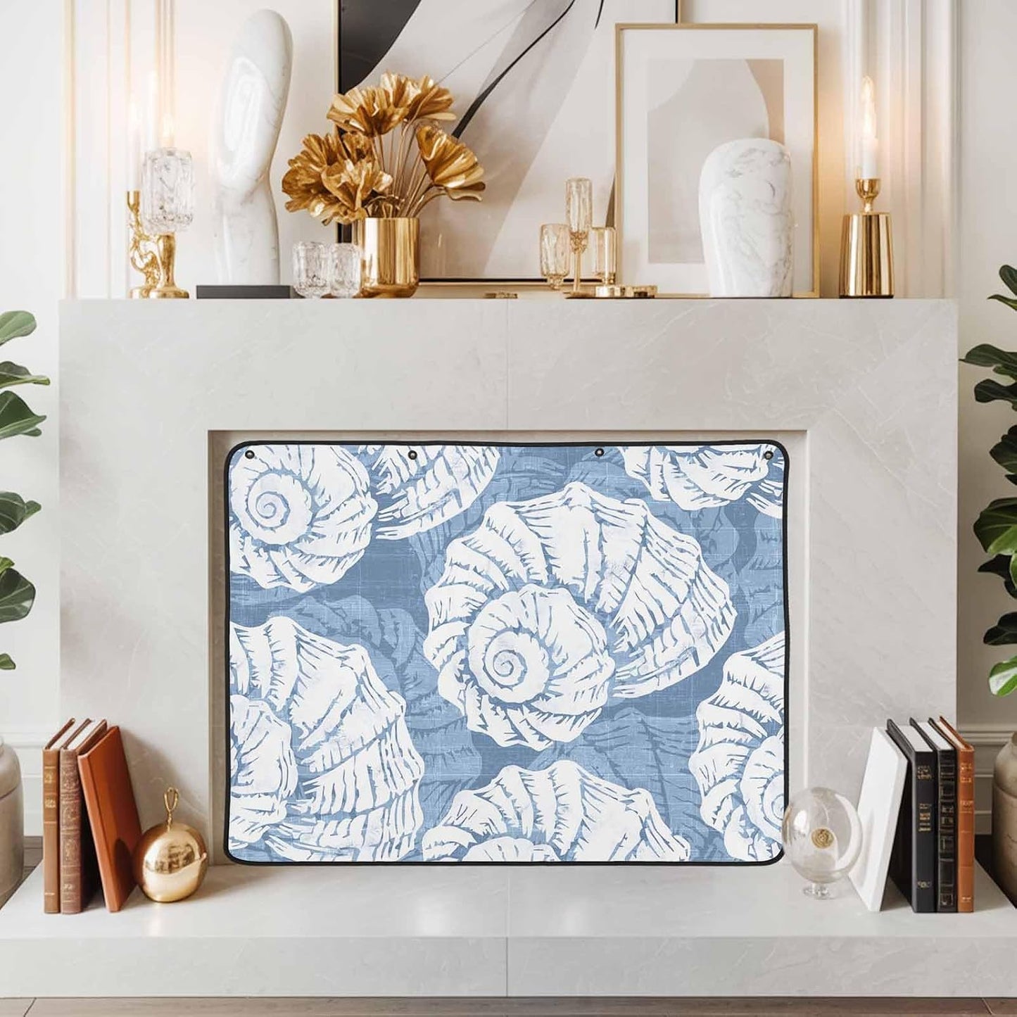 Magnetic Fireplace Cover Navy Blue Coastal Shells Fireplace Screen Decorative Ocean Conch Marine Life Insulation Fireplace Blocker Save Energy Fireplace Draft Stopper Covers for Living Room 36x30 Inch