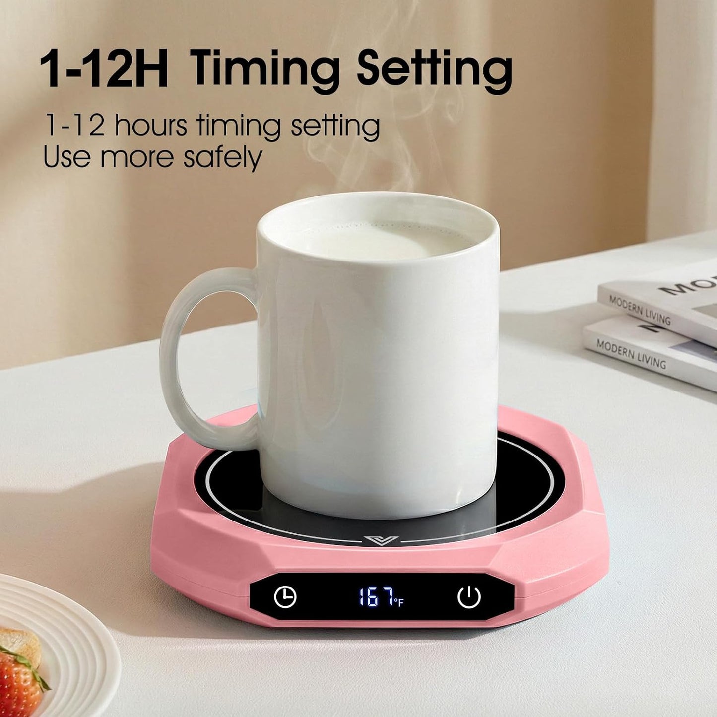 Coffee Mug Warmer with Timer for Desk, Auto Shut Off, Pink | 40W Fast Warmer & 3 Temp; Smart 1-12H Timer & Auto Shut-Off; Compact Pink Hot Plate for Desk; Ideal Gift for Mom & Wife