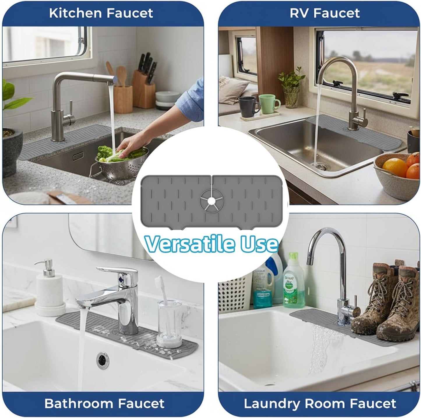 Silicone Faucet Handle Drip Catcher Drying Tray Mat Dish Soap Sponge Holder Accessories Gadgets for Kitchen Counter Bathroom Kitchen Sink Splash Guard (Gray, 24")