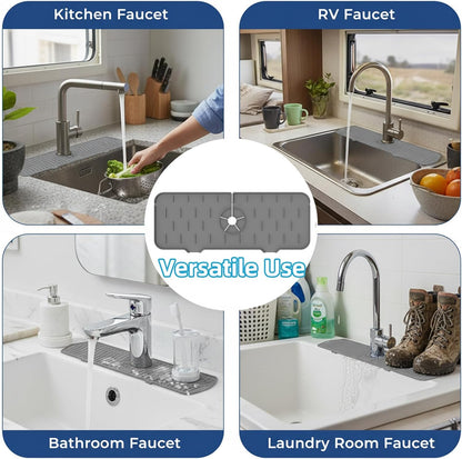Silicone Faucet Handle Drip Catcher Drying Tray Mat Dish Soap Sponge Holder Accessories Gadgets for Kitchen Counter Bathroom Kitchen Sink Splash Guard (Gray, 24")