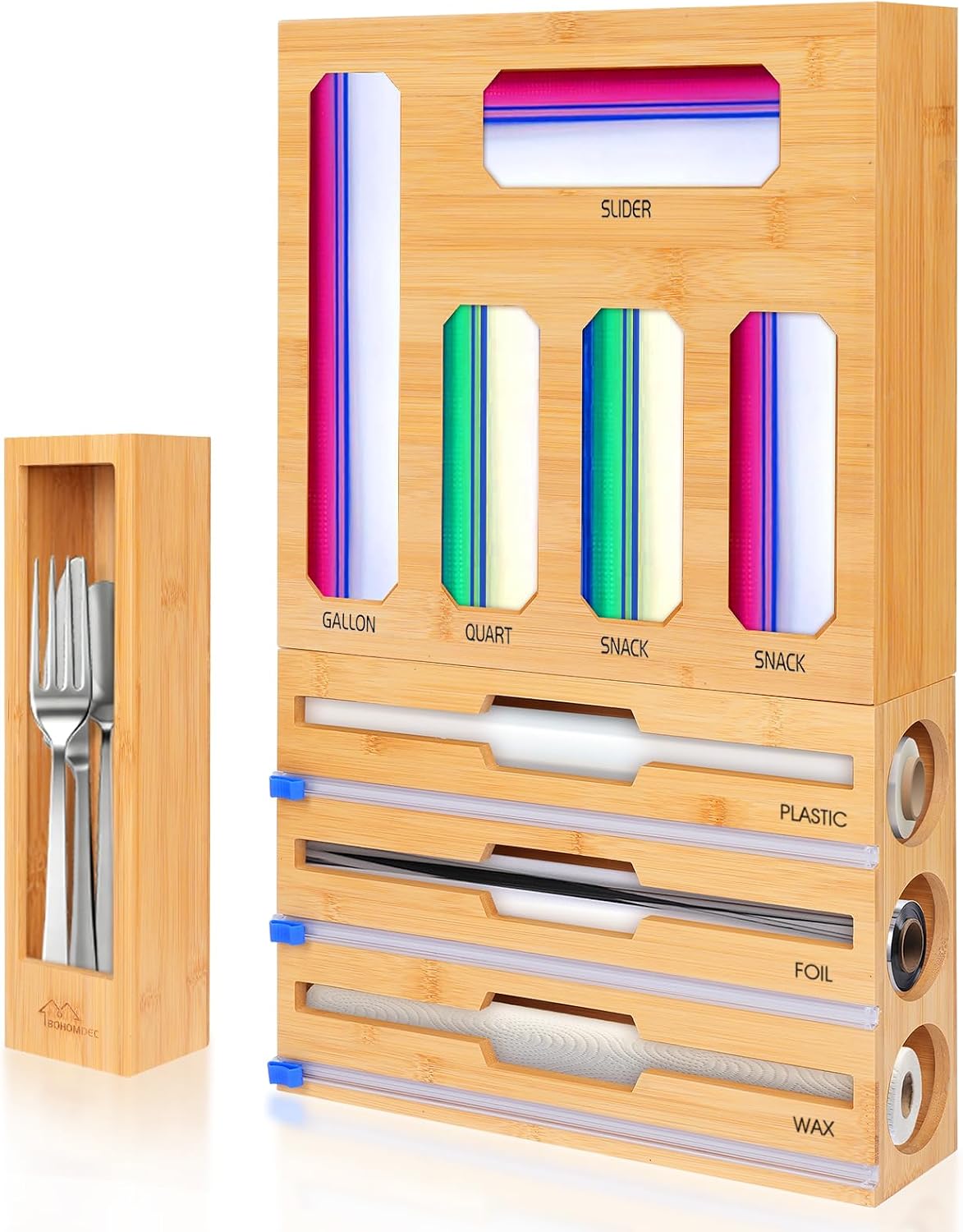 9 in 1 Foil and Plastic Wrap Dispenser with Cutter, Black Bamboo Ziplock Bag Organizer for Drawer - Holds Gallon, Quart Bags & Aluminum Foil/Wax Paper, Wall Mountable Kitchen Storage