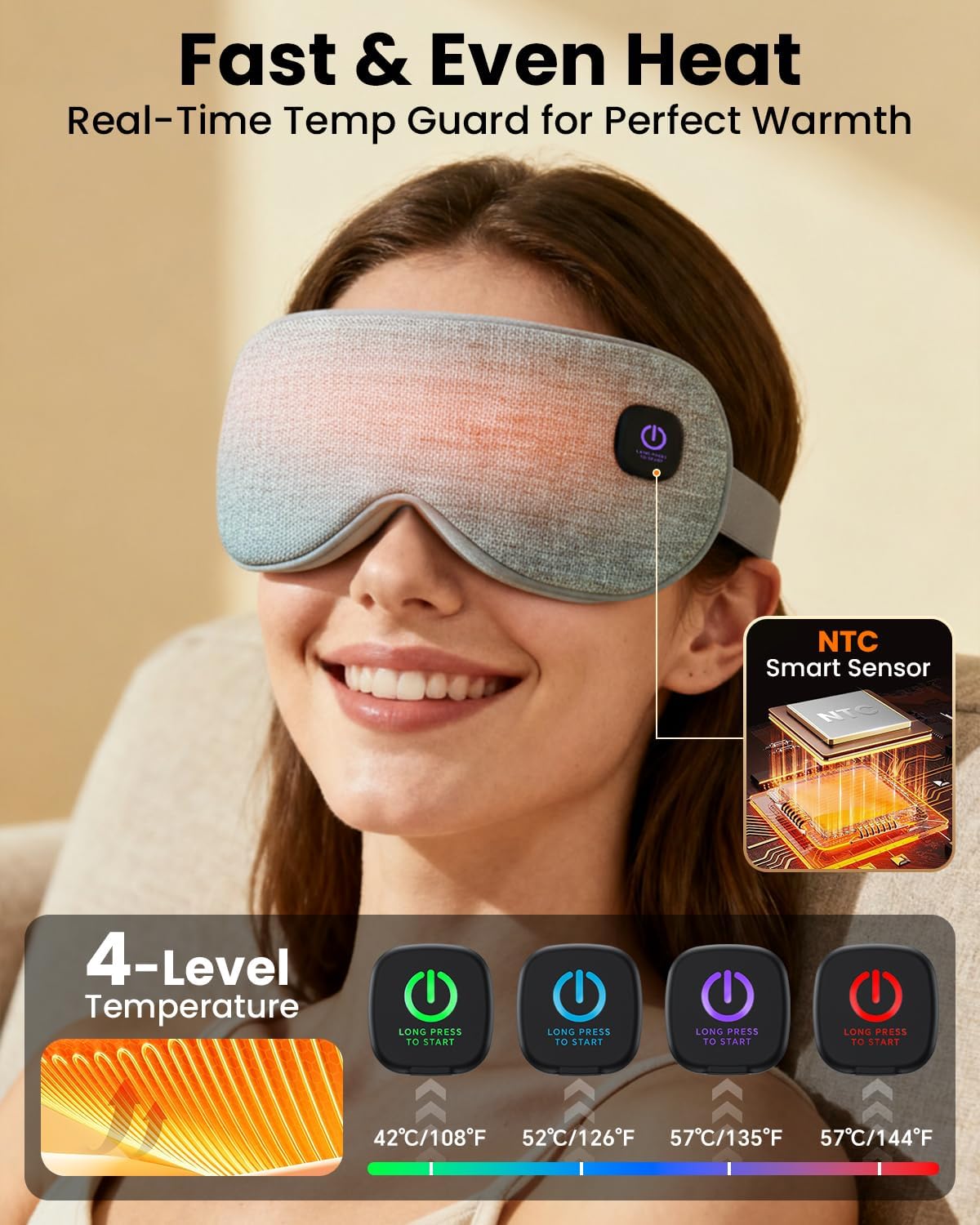Cordless Heated Eye Mask, Rechargeable Mask with 4 Heat Levels for Dry Eyes